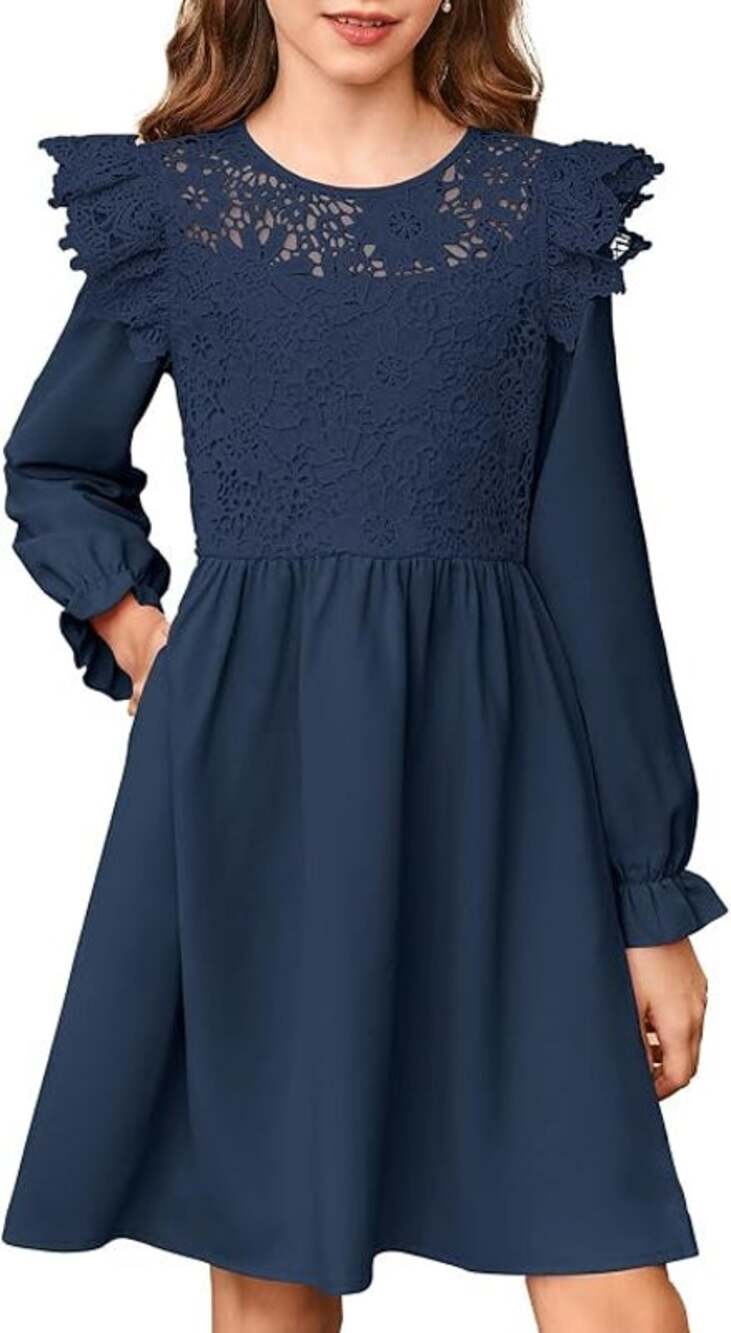 blibean Girls Navy Blue Lace Long Sleeve Semi Formal Dress Size 12-13
